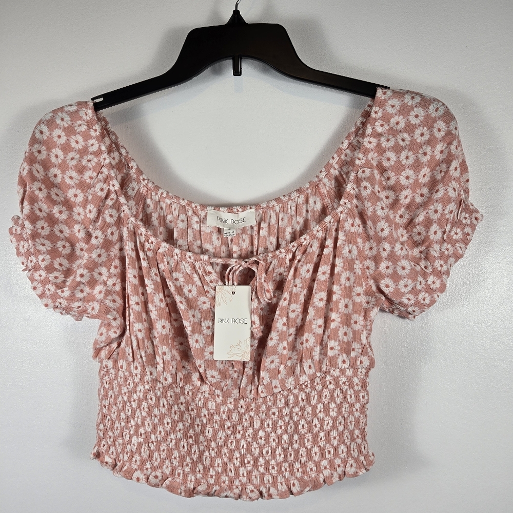 NEW Pink Rose Pink Floral Smocked Off Shoulder Prairie Crop Top Size Small
